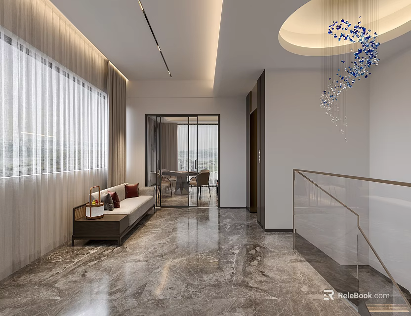 Elegant Modern Elevator Lobby Interior With Marble Floor Sofa Floor-to-Ceiling Windows And Decorative Pendant Light 3d model 