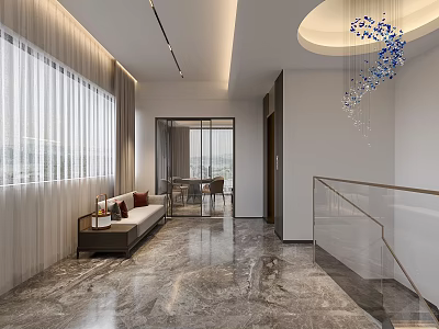 Elegant Modern Elevator Lobby Interior With Marble Floor Sofa Floor-to-Ceiling Windows And Decorative Pendant Light 3d model