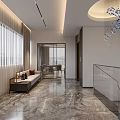 Elegant Modern Elevator Lobby Interior With Marble Floor Sofa Floor-to-Ceiling Windows And Decorative Pendant Light
