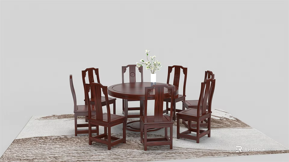 Classic Wooden Dining Table Set With Round Table High Back Chairs And Flower Vase 3d model