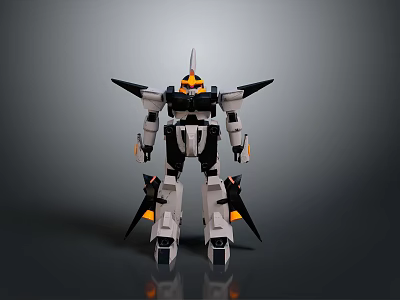 Futuristic Mechanical Robot Character With White Black Body Yellow Accents Sharp Head And Rear Wings 3d model