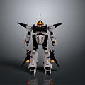 Futuristic Mechanical Robot Character With White Black Body Yellow Accents Sharp Head And Rear Wings