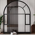 Arched Metal Screen With Grid Design Green Plants In White Planters And Light Curtains