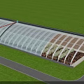 Modern Industrial Factory With Curved Glass Roof Green Grass And Gray Road Surroundings