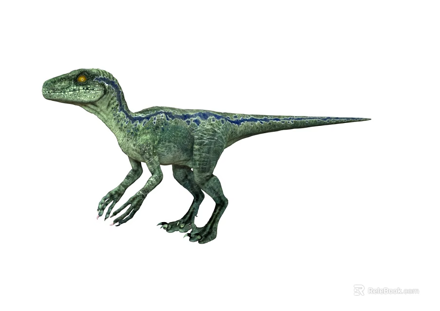 Green Dinosaur With Blue Stripes Standing On White Background And Yellow Eyes 3d model 