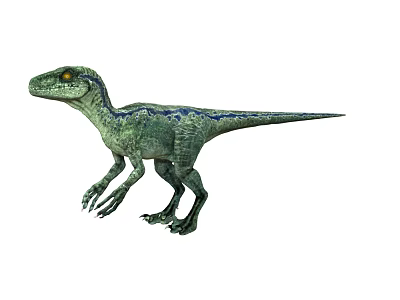 Green Dinosaur With Blue Stripes Standing On White Background And Yellow Eyes 3d model