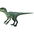 Green Dinosaur With Blue Stripes Standing On White Background And Yellow Eyes
