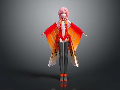 Pink Haired Character With Butterfly Wings Red Orange Gradient Cape Black Tights And Orange Shoes 3d model