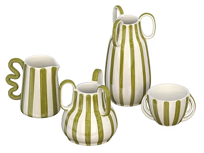 Modern Green And White Striped Ceramic Vessels Including Pitchers And Cups For Home Decor 3d model