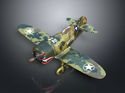 Vintage Military Airplane Model With Camouflage Paint Shark Mouth And Star Insignia 3d model
