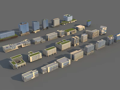 Modern Office Buildings With Various Architectural Styles And Green Roofs In Urban Complex 3d model