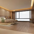 Modern Hotel Room Interior With Comfortable Bed Decorative Wall Wooden Flooring And Lighting