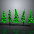 Five Green Paper Pine Trees With Reflections On Gray Background