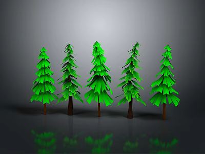 Five Green Paper Pine Trees With Reflections On Gray Background 3d model