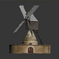 Detailed Wooden Windmill Building Model With Circular Base And Red Door Structure