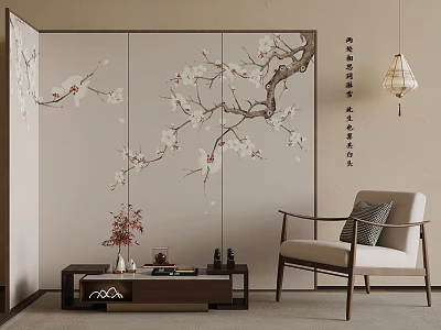Traditional Chinese Screen With Hand painted Magnolia Branch For Oriental Living Room Decor 3d model