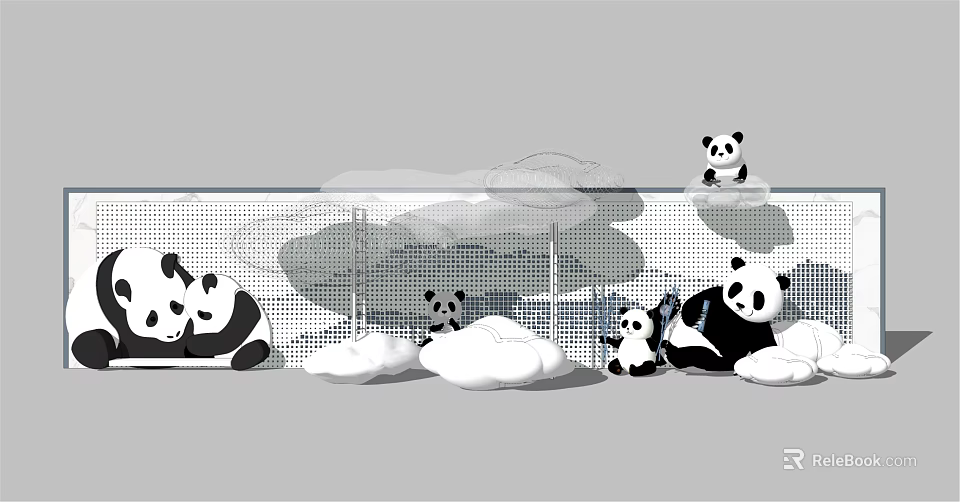 Playful Feature Wall Design With Panda Figures And Cloud Shaped Decorations 3d model 