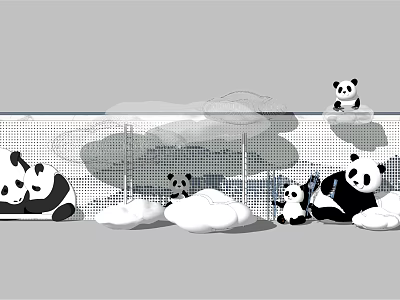 Playful Feature Wall Design With Panda Figures And Cloud Shaped Decorations 3d model