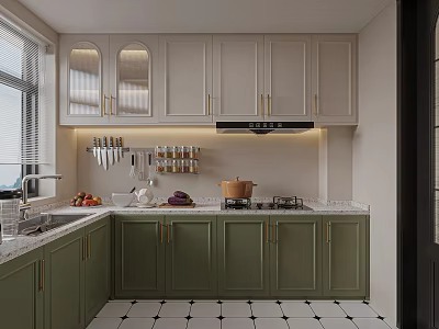 Modern Kitchen With Green Cabinets Countertop Black And White Checkered Floor Wall Mounted Rack 3d model