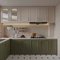 Modern Kitchen With Green Cabinets Countertop Black And White Checkered Floor Wall Mounted Rack
