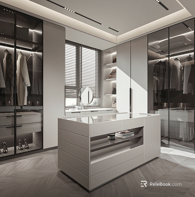 Modern Walk in Closet Design with Glass Door Cabinets Dressing Table Mirror and Hanging Clothes 3d model 