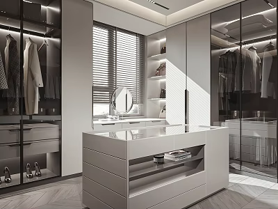 Modern Walk in Closet Design with Glass Door Cabinets Dressing Table Mirror and Hanging Clothes 3d model