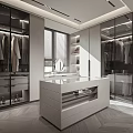 Modern Walk in Closet Design with Glass Door Cabinets Dressing Table Mirror and Hanging Clothes