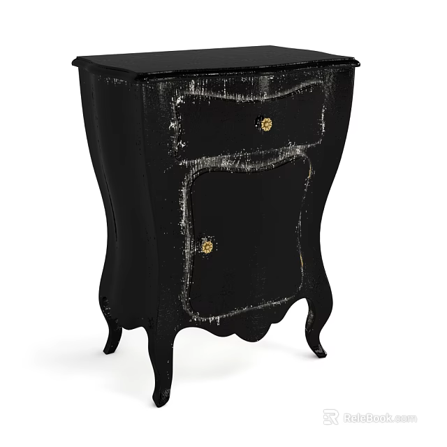 Vintage Style Black Distressed Chest of Drawers with Golden Handles and Curved Legs 3d model 