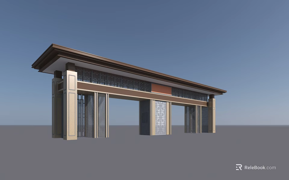 Entrance Gate In Traditional Chinese Style With Modern Roof And Decorative Columns 3d model 