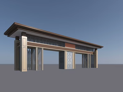 Entrance Gate In Traditional Chinese Style With Modern Roof And Decorative Columns 3d model