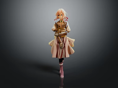 Game Movie Character Blonde Hair Brown Outfit Standing Pose With Sword And Pink Boots 3d model