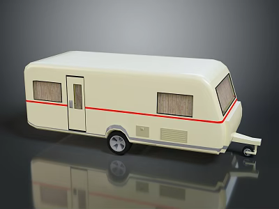 Beige Caravan Trailer with Red Stripe Windows and Door for Camping Travel 3d model
