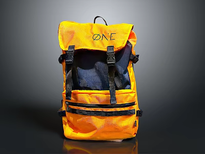 Trendy Yellow Backpack With ONE Logo Black Straps And Zipper Compartments For Daily Use 3d model