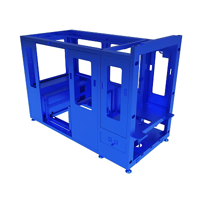 Blue Metal Frame Structure with Multiple Open Compartments and Support Legs for Industrial Equipment Housing 3d model