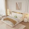 Modern Double Bed with LED Headboard Lights Cozy Blanket and Wall Art Painting