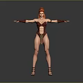 Red Haired Woman In Crimson Tight Outfit With Arm Cuffs Arms Outstretched On Gray Background