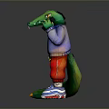 Cartoon Green Crocodile Wearing Blue Sweater Red Pants And Blue Sneakers Holding Black Phone