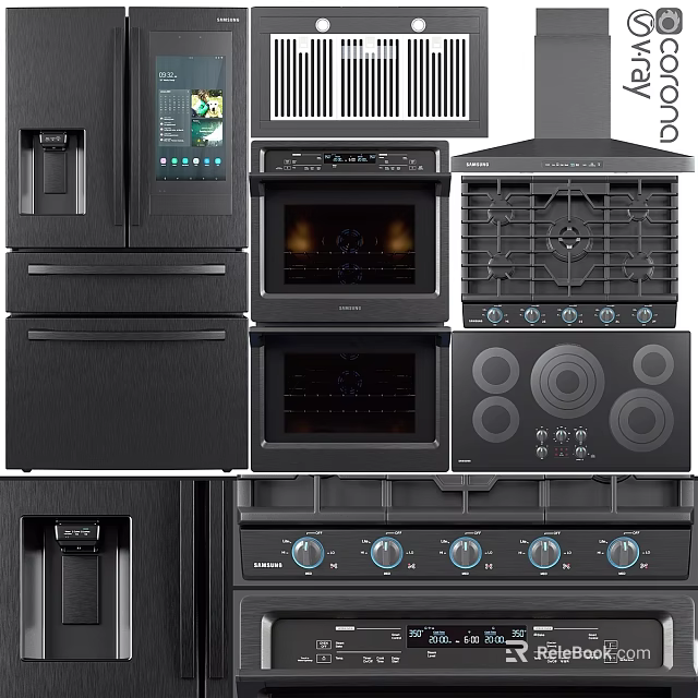 Modern Black Kitchen Appliances Collection Including Refrigerator Oven Stove And Hood 3d model 