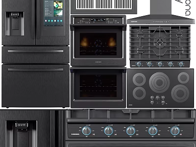 Modern Black Kitchen Appliances Collection Including Refrigerator Oven Stove And Hood 3d model