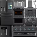 Modern Black Kitchen Appliances Collection Including Refrigerator Oven Stove And Hood