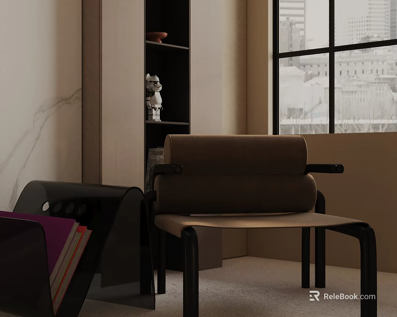 Brown Upholstered Accent Chair with Black Legs Near Shelf Decorative Items by City View Window 3d model 