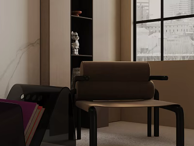 Brown Upholstered Accent Chair with Black Legs Near Shelf Decorative Items by City View Window 3d model