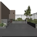 Rooftop Garden Night View With Outdoor Lighting Green Plants Paved Area And Metal Railing
