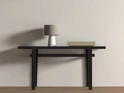 Minimalist Console Table With White Lamp And Book Against Beige Wall On Wooden Floor 3d model