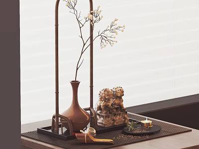 Decorative Ornament Set with Ceramic Vase Lion Figurines Candle and Tray on Window Side Table 3d model