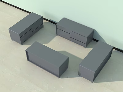 Four Gray Stools With Drawers Placed Against Wall On Light Colored Floor 3d model