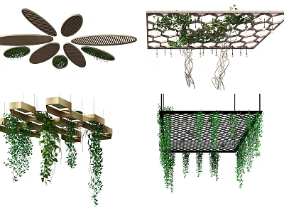 Modern Ceiling Design With Decorative Grid Structure And Hanging Green Vines 3d model