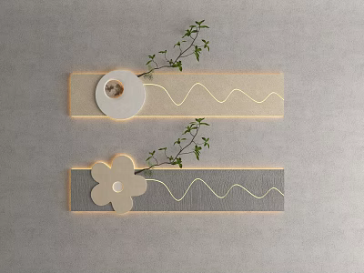 Modern Wall Decor with Wavy Lines Circular Flower Shaped Accents and Green Foliage 3d model