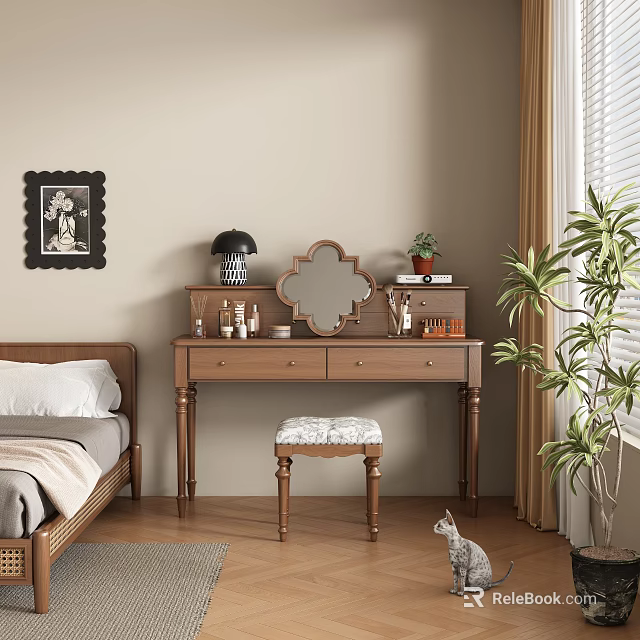 Wooden Dressing Table With Scalloped Mirror Books Potted Plant And Upholstered Stool In Bedroom 3d model 
