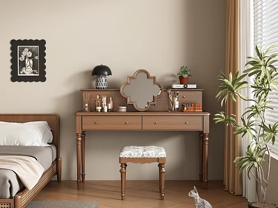 Wooden Dressing Table With Scalloped Mirror Books Potted Plant And Upholstered Stool In Bedroom 3d model